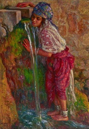 Fillette bouvant a la source